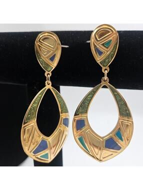 Edgar Berebi NY Vintage Art Deco Earrings Gold Tone Blue Teal Olive Green Enamel